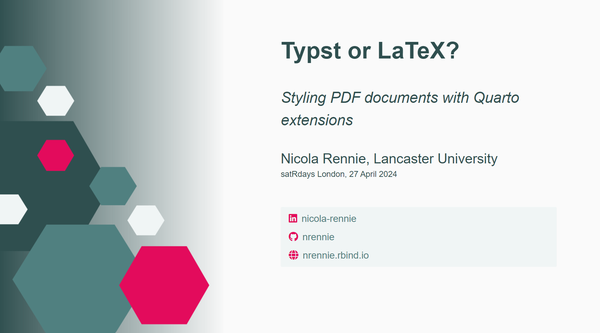 Screenshot of slides with title Typst or LaTeX? Styling PDF documents with Quarto extensions
