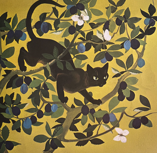 Vibrant illustration of a dark shorthaired cat climbing through the tangled branches of a plum tree against a mustard yellow background. A few white butterflies flutter amongst the fruit and foliage.