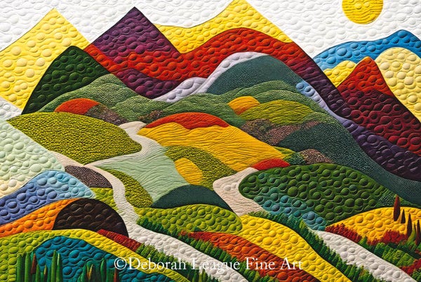 Quilted mountain vista, early autumn.

A vibrant quilt features an abstract landscape with rolling hills, a winding path, and a variety of colorful patterns. The detailed stitching adds texture to each segment, enhancing the three-dimensional effect of the hills and valleys.