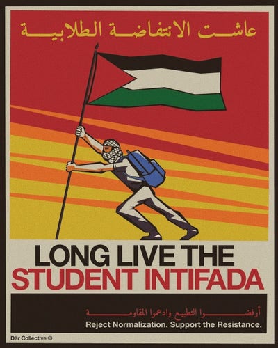 Illustration of a student wearing a Kuffiyeh and holding a Palestinian flag.

Text in Arabic and English.
English text reads
LONG LIVE THE STUDENT INTIFADA

Reject Normalization. Support the Resistance. 