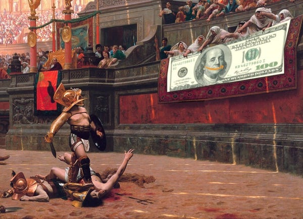 Jean-Leon Gerome's painting Pollice Verso, 1872, depicting gladiators in an arena with noble onlookers giving a thumbs-down gesture. The tapestry before the nobles has been replaced with a US $100 bill in which Ben Franklin's mouth has been replaced by an Amazon smile logo.