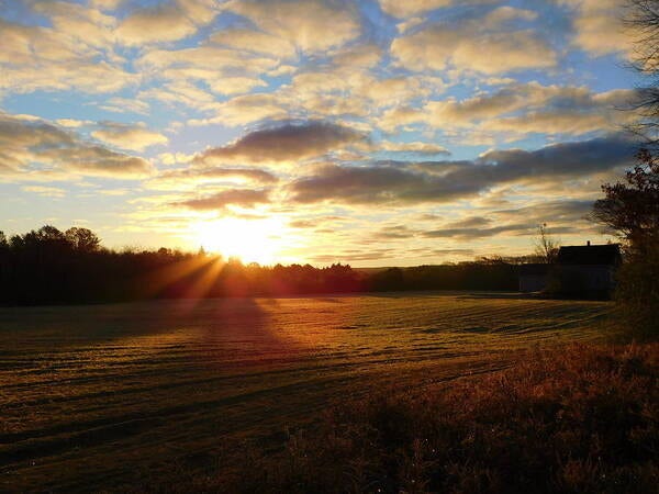 Sunrise rises over the farm fields of Nova Scotia.  The sky is filled with fluffy clouds and rays of sunlight stream from the sky to the ground.