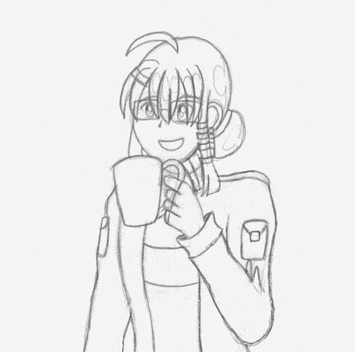 A sketch of Trish from Operating Superstars. The sketch is a reference to the memetic frame of Dean from The Iron Giant holding a coffee mug.