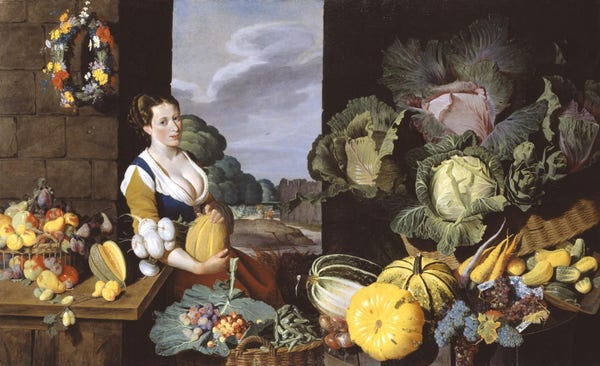 A lush and overfull rendering of what is presumably a cook-maid sitting down with a large pumpkin in her lap, looking like she's holding a pregnant belly. She has most of her tits out, not incredibly weirdly for the fashion at the time, but still. But however much the subject claims to be the maid, really there is just a profusion, an abundance, of extremely detailed and plump vegetables, fruits, flowers, leaves... They are on every surface, in bins, in baskets, hung on a nail on the wall. They all look vaguely suggestive if stared at too long. It must have taken 40 hours to render just one of the immense, world-ending large and invitingly opening cabbages, and there are at least three! The ratio of cabbage to other things is remarkably in favour of cabbage. Everything except the very background is quite well done. The trees in the far far back do look much more like broccoli than trees. Given the context this may have been intentional.