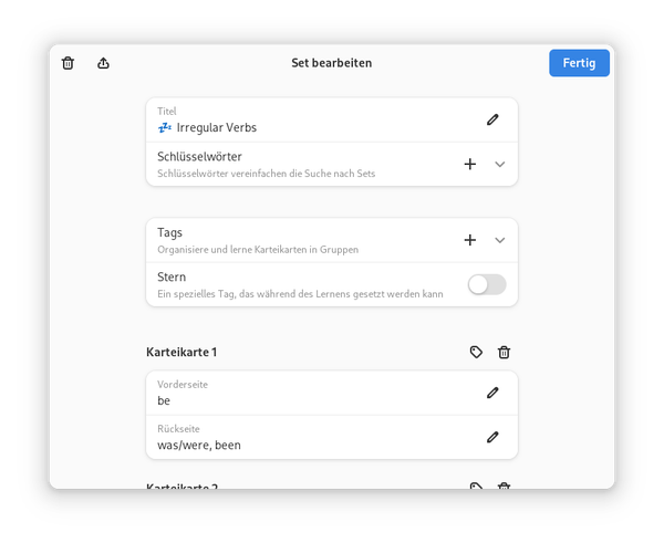 The Flashcards app for GNOME, soon called Memorize, with a German user interface