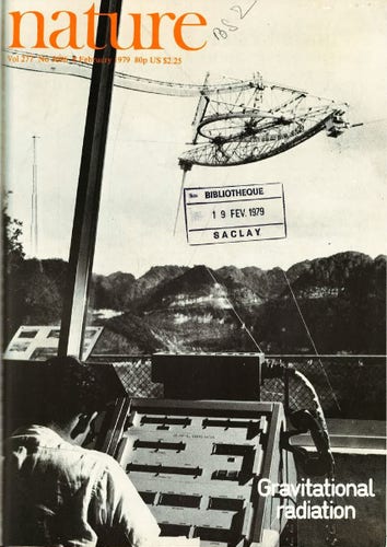 A vintage-looking cover of the Nature Journal, dated 8 February 1979,  featuring the Arecibo radiotelescope in Puerto Rico in the background, with a busy operator in the control room in the foreground. A caption reads "Gravitational radiation".

