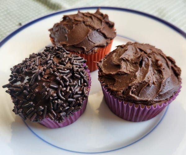 Three cupcakes with chocolate and chocolate sprinkles or not on a white plate with blue trim. This is a go-ahead and eat three because they are small serving.