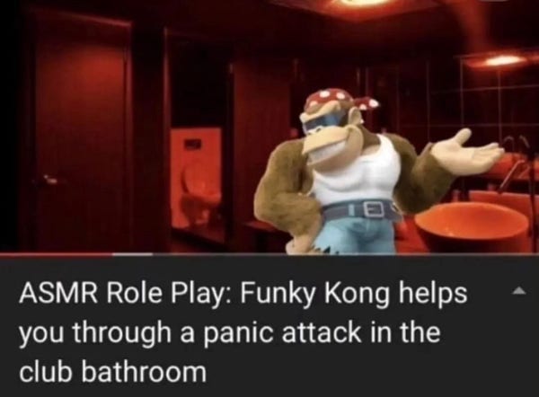Image showing Funky Kong, a video game character from the Donkey Kong series, gesturing calmingly in a red-tinted bathroom setting, with text overlay describing an "ASMR Role Play" scenario about being guided through a panic attack.