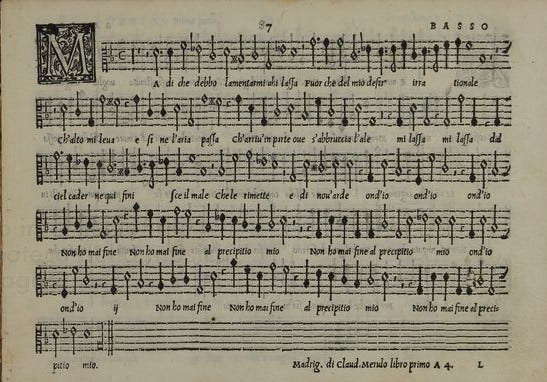 Pagina del basso di Ma di che debbo lamentarmi, Claudio Merulo, 1578.