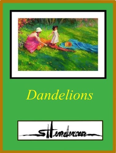 Framed print of an original oil painting depicting a mother and her young child on a grassy lawn, picking dandelions and putting them in a basket.