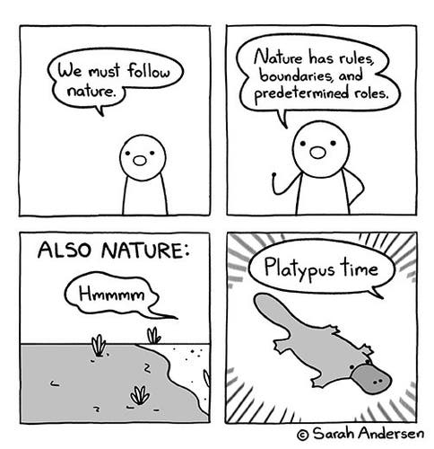 Four-panel comic.

Panel 1: A person says, “We must follow nature.”
Panel 2: The person says: “Nature has rules, boundaries, and predetermined roles.”
Panel 3: ALSO NATURE, “Hmmmm”
Panel 4: “Platypus time”