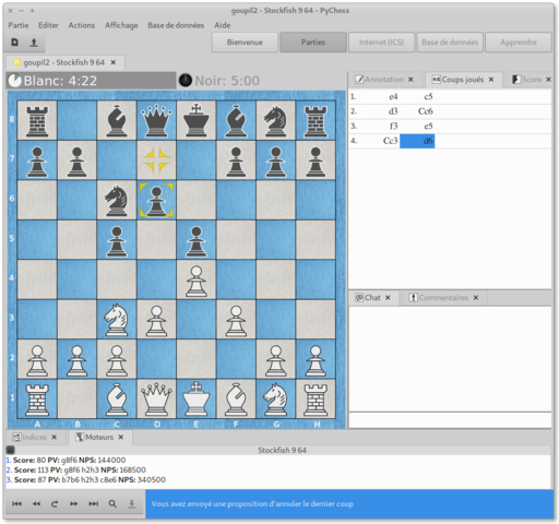 🕶️ A view of its UI with a metallic interface (its appearance follows the desktop theme), with the chessboard on the left with blue squares (theme selected under the UI) and stylized pieces (again modifiable), and the moves played on the right. At the top of the UI are the menus and simple buttons for accessing the main functions, and at the bottom, the moves played by the engine used (in this case Stockfish 9.64).

📚️ Pychess is a libre, multi-platform, solo (IAs) / multi (hotseat or online, with support for FICS / ICC chess servers) chess AI + interface emphasizing simplicity of use (applying the “GNOME Human Interface Guidelines”). Both the interface and the engine are written in Python. If other engines are installed, it finds them and automatically configures itself (compatible with UCI & CECP protocols). It's a complete and advanced interface, hiding complexity and unnecessary options, while offering advanced functions (such as Timeseal for online gaming, profiles, chat, ...). Excellent!