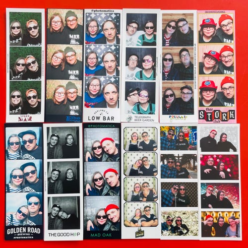 12 photo booth strips of an awkward husband and wife and a surprise stranger in the very last photo