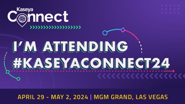 The image is a promotional graphic for an event called "Kaseya Connect". It features a vibrant purple background with a mix of blue and pink accents. The text on the image reads "I'm Attending #KASEYACONNECT24" in bold, white and green letters. Below this, the event dates are mentioned as "April 29 - May 2, 2024" and the location is "MGM Grand, Las Vegas". The top left corner has the logo of Kaseya Connect, which includes a stylized globe with a network grid. There are decorative elements like arrows and dotted lines in green and pink colors that add a dynamic feel to the design.