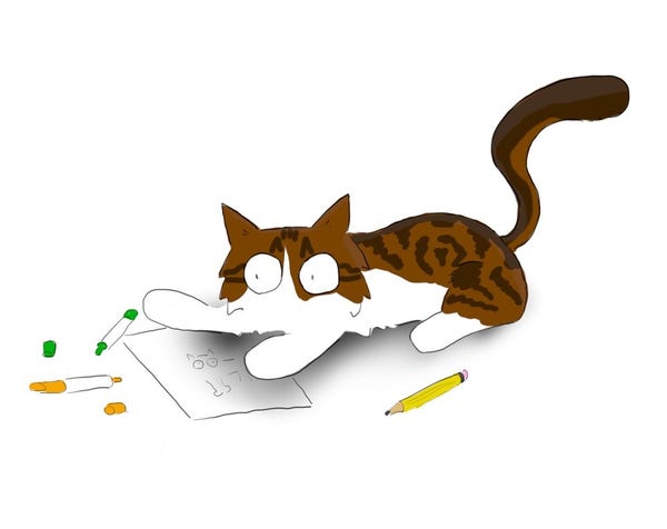 A cartoon of a tabby and white Maine Coon cat playing with drawing pens on top of a piece of paper. There is a half-draw cat on the piece of paper.