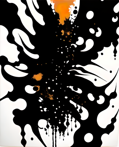 an abstract design in white and black over a streak or orangey-gold in a semi-coherent splatter of spikes and blobs and dots
