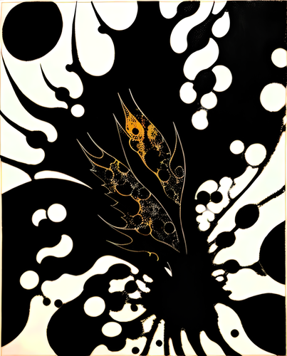an abstract design rendered in black and white with a balance of spikes and dots and a central tracery  (leafy, flamey, insect wingy) in gold