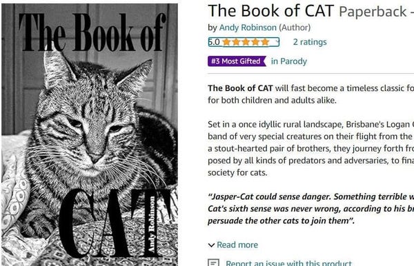 Screenshot of The Book of CAT by Andy Robinson on Amazon. A photo of a tabby is on the cover. 