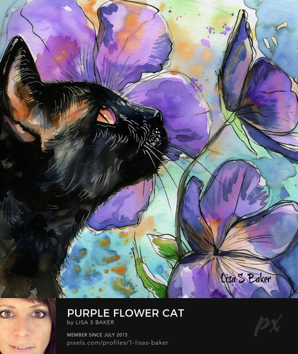 A black cat is depicted with a close-up profile as it gazes upwards at a large, vibrant purple flower. The background splashes of watercolor shades of blue, green, and purple lend a dreamy quality to the scene.