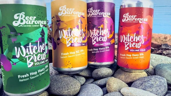 4 colourful cans of craft beer next to each other. Beer Baroness Witches Brew volume 1 to 4.