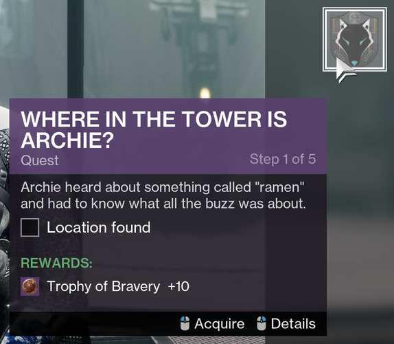 Screenshot of a quest in the game Destiny 2. A robot dog we saved a few seasons ago has gone missing, and now we need to track him down