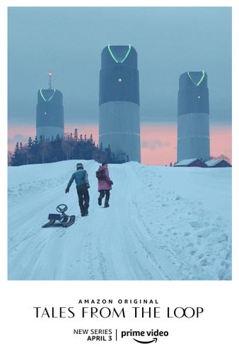
Two children - one pulling a sled - walk up a snow covered hill at sunset. It is foggy. Three tall grey and white tapered cylindrical towers loom at the top of the hill. Each tower has a loop of blue lights like a necklace hanging from the top center of its tower. Each tower has a small white light about two-thirds up its height, and a circle of tiny white lights about one-third up its height.

Tales from the Loop
Amazon TV series poster, 2020

Based on the art book of the same name by Swedish artist Simon Stålenhagn 