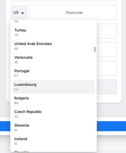 Screenshot of a country select field from Meta's "Lead Gen Forms" product.

The list of countries is sorted randomly. Neither by name or abbreviation.