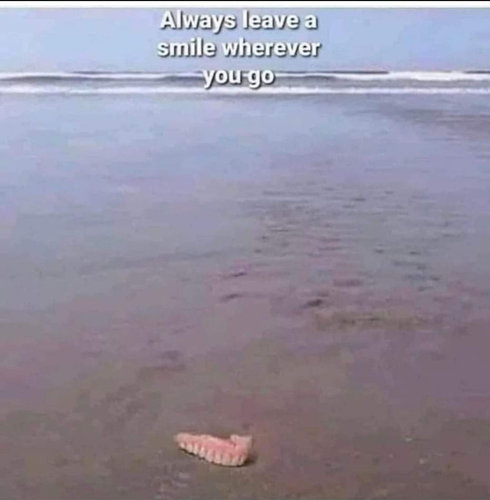A sandy beach, with breakers further down the shore. 
Someone's top false teeth are laying on the sand.
CAPTIONED, always leave a smile wherever you go
