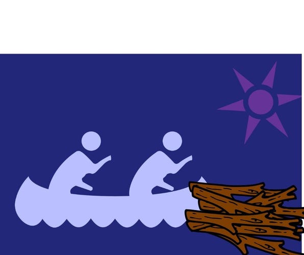 A proposed flag for Minnesota. On a blue field, two people in a canoe encounter a pile of logs, representing a beaver dam. In the upper right-hand corner, a sun or star representing either the beautiful outdoors or the Star of the North shines.