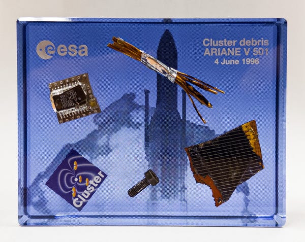 A piece of blue Perspex with some fragments of electronics, wiring, and a screw recovered from the failed launch of the four Cluster satellites in 1996. There are ESA and Cluster logos & an Ariane 5 silhouette in the background.