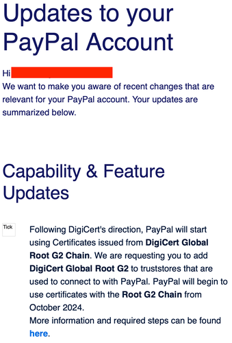 A rather puzzling request from "PayPal" to notify they'll be using a new root CA starting the end of the year.