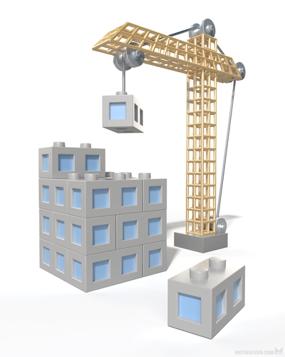 Stylized 3D illustration, showing a crane combining LEGO-like blocks to build an office building.