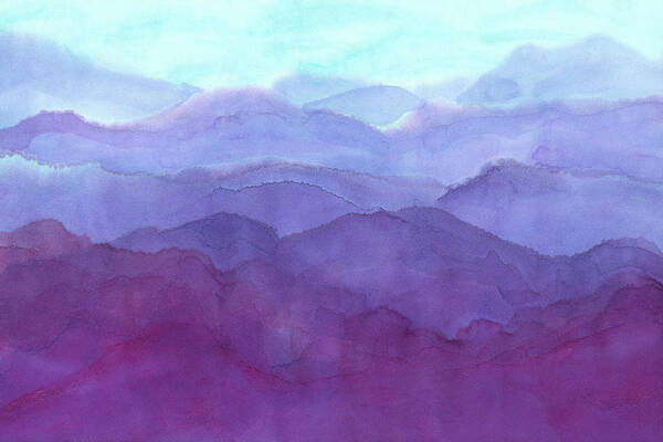 Morning Mood in the Mountains One is a watercolor painting in landscape format painted by the artist Karen Kaspar. The viewer stands high up on a mountain and looks down on a mountain landscape in shades of blue and purple. The mountains disappear in the distance in the haze of the morning mist. The painting is inspired by my visits to the Bavarian Alps in Germany. I painted it in many layers of watercolour on special paper. This paper soaks up the paint and lets it flow. This leads to a partly blurred dreamy effect, which enhances the picture's effect. The painting has a relaxing and peaceful aura. 