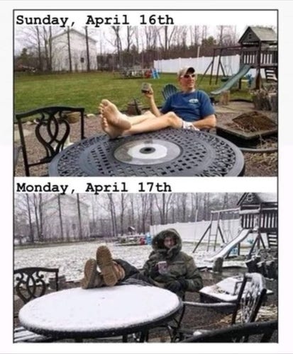 Two pictures of the same guy, on the same verandah, one day apart but with completely different weather.
