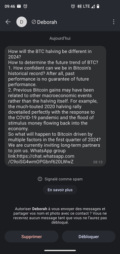 Message signal d'une certaine Déborah sur Signal qui fait la promo du bitcoin et de sa chaine whatsapp (attention phishing)