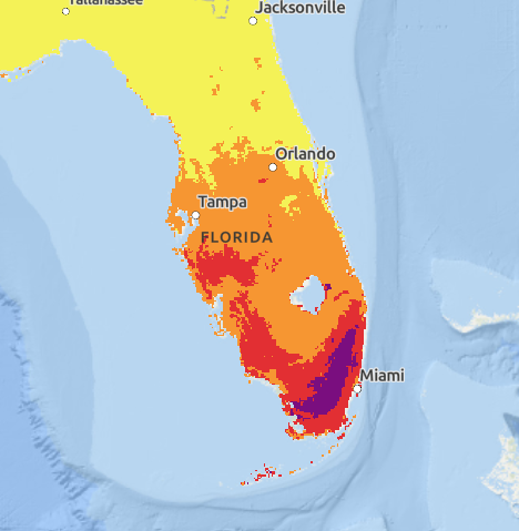 Purple spots on a map near Miami, FL for Wednesday, May 15