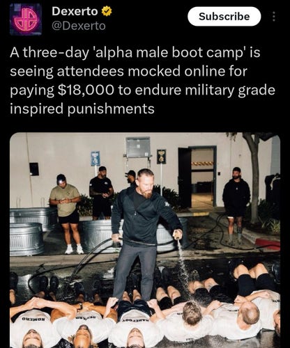 post: a three day alpha male boot camp is seeing attendees mocked online for paying $18,000 to endure military grade inspired punishments