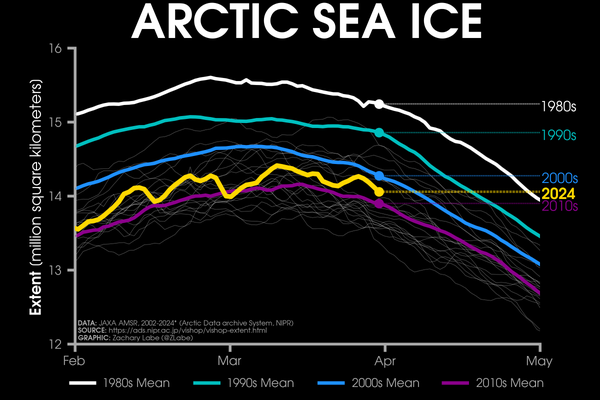 Line graph time series of 2024's daily Arctic sea ice extent compared to decadal averages from the 1980s to the 2010s. The decadal averages are shown with different colored lines with white for the 1980s, green for the 1990s, blue for the 2000s, and purple for the 2010s. Thin white lines are also shown for each year from 2002 to 2022. 2024 is shown with a thick gold line. There is a long-term decreasing trend in ice extent for every day of the year shown on this graph between February and May by looking at the decadal average line positions.