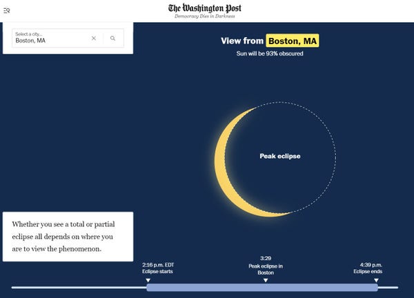 Graphic from the accompanying WaPo article that shows the appearance of a solar eclipse of 93%, so only a small crescent of sun appears to the left of a black circle. The actual graphic at WaPo is animated and shows the progress from light blue to dark blue. 

A timeline below also says: 
2:16 pm EDT Eclipse starts
3:29 Peak eclipse in Boston
4:39pm Eclipse ends