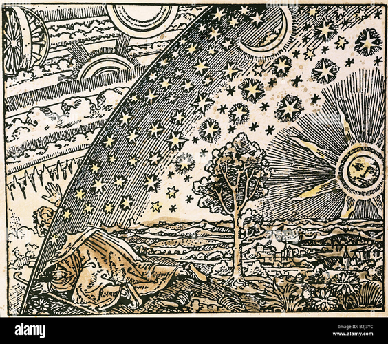 A traveller puts his head under the edge of the firmament and looks beyond. (Copy of the Flammarion engraving)