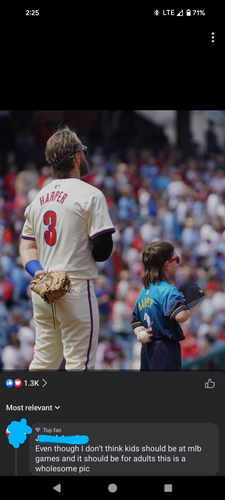 Some lunatic felt compelled to comment on a picture of Phillies star Bryce Harper standing with a young boy in a Harper city connect jersey on the field at Citizens Bank Park with, "even though I don't think kids should be at MLB games and it should be for adults this is a wholesome pic"
