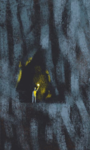 A closeup of a painting: a dark cave in a rocky cliff with a figure holding up a lantern, illuminating a small area around them.