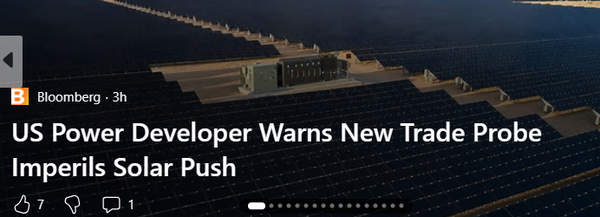 Bloomberg 3h

US Power Developer Warns New Trade Probe Imperils Solar Push