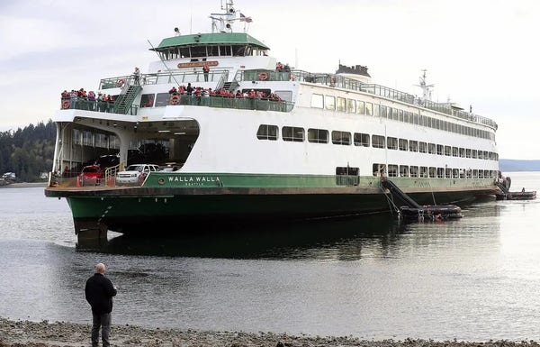 A Washington State Ferry - host to the self-bricking vehicles - having accidentally bricked itself. Or at least having run hard aground. Any drivers wishing to disembark are going to have to take a good run-up along the car deck first