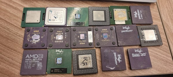 A big pile of amd and Intel CPUs