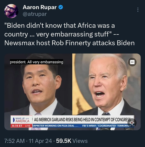 post from @atrupar commenting "Bidden didn't know that Africa was a country... very embarrassing stuff"... newsmax host Rob Finnerty attacks Biden