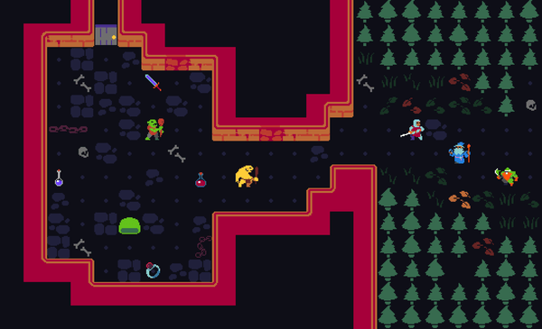 a roguelike; a dwarf, wizard, and knight entering a dungeon inhabited by an ogre, orc, and slime