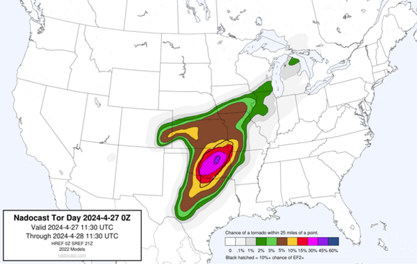 Map of US showing high risk of tornadoes, particularly in Oklahoma