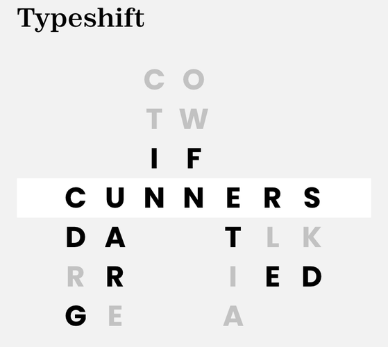 A screenshot of today’s Typeshift game, with the word CUNNERS highlighted across the middle.