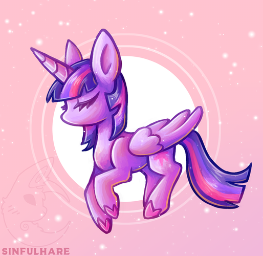 Digital drawing of Twilight Sparkle from My Little Pony: Friendship is Magic. She has pink star-shaped hooves. She's floating in a relaxed pose, eyes closed.